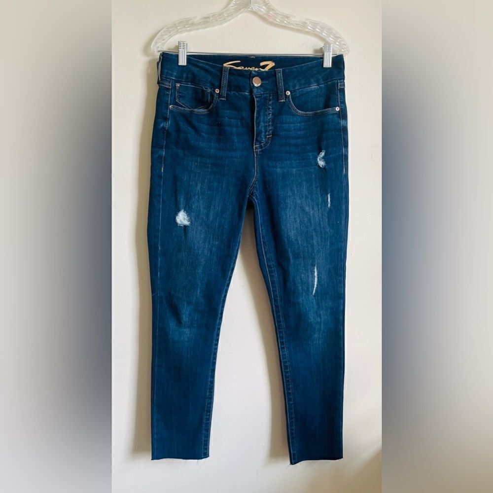 SEVEN7 High Rise Skinny Tummyless Dark Wash Distressed Jeans 6